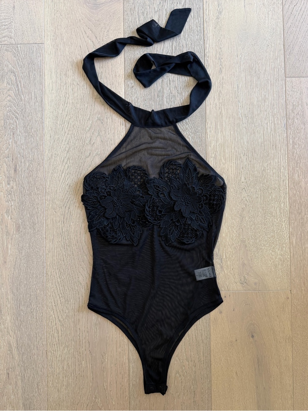 Agaci Black Floral Mesh Tie Neck Bodysuit